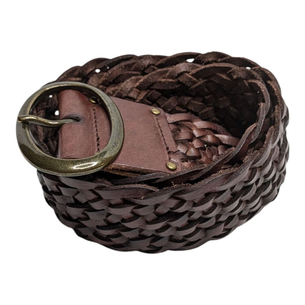 New! Tommy Bahama Brown Leather Wide Woven Antique Brass Buckle Belt, S